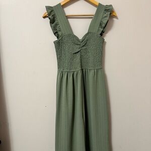 (M) square neck smocked ruffled green wide leg summer spring romper jumpsuit